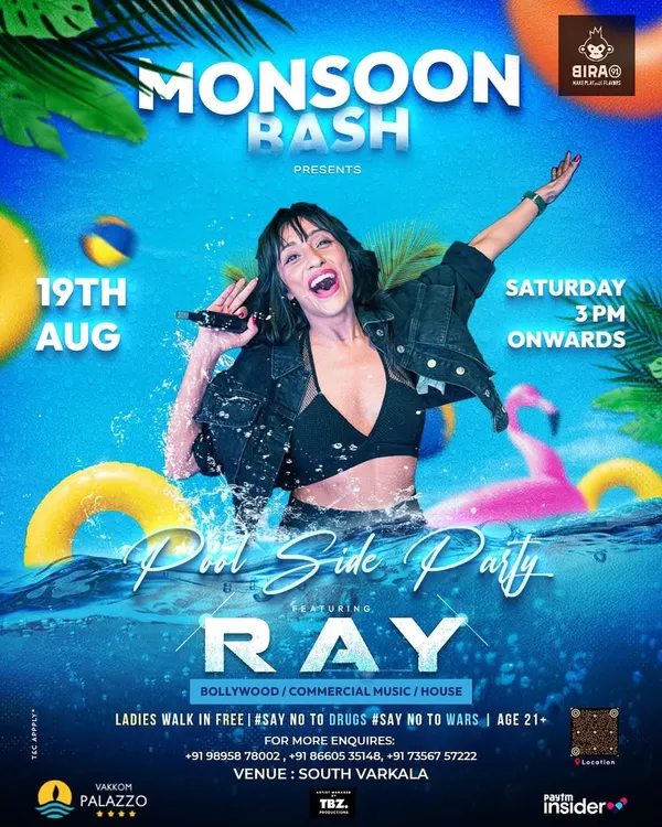 The poster for the biggest Monsoon Bash in Varkala. A poolside party is always a guaranteed good time.