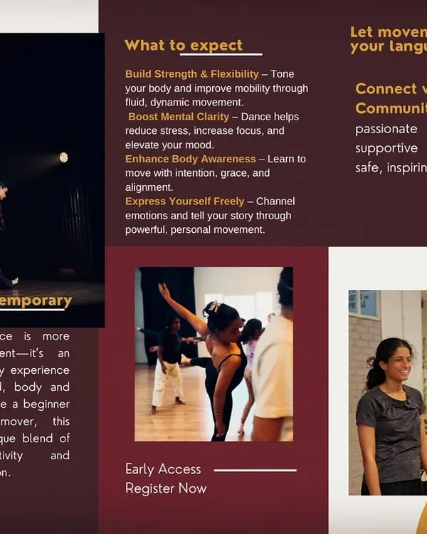 This brochure for our Contemporary Dance Course outlines what you can expect: building strength, boosting mental clarity, and connecting with a creative community.