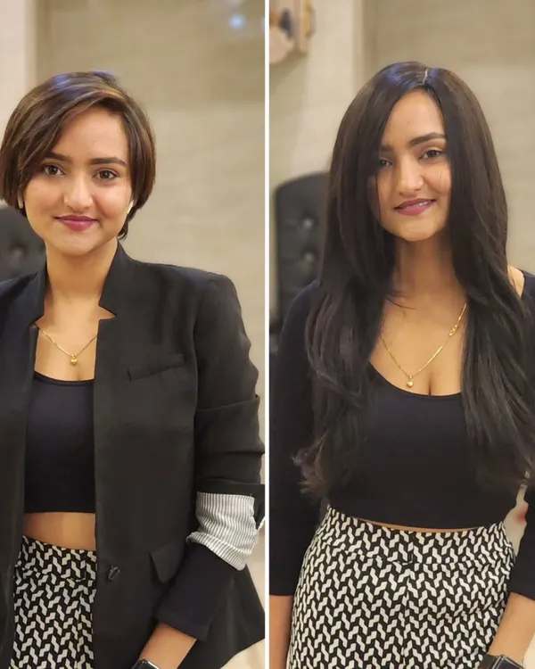 This is one of my favorite transformations, showing how we can go from a chic, short style to long, luxurious hair in a single session. We used 100% human virgin hair extensions, custom-colored to match her natural tones, creating a seamless and completely natural look.