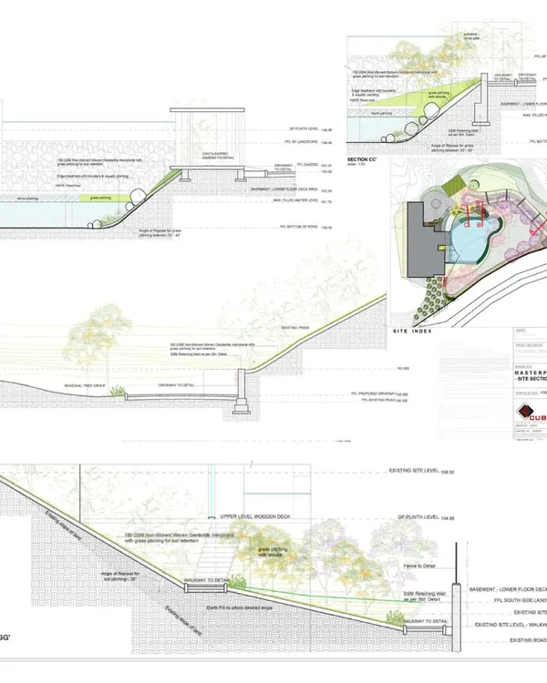 Detailed site sections from one of our projects. These technical drawings are crucial for our process, helping us to build along the natural contours of the land so that the architecture interacts with the landscape, rather than competing with it.