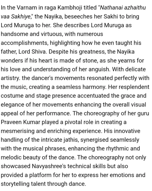 A review of my performance published on Narthaki.com by Satish Suri sir, describing my portrayal of the Nayika in a Varnam. I am ever grateful for such feedback.