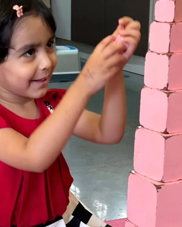 This is the heart of Montessori learning. A child deeply focused, mastering a challenge at her own pace. The iconic pink tower isn't just about stacking blocks; it's about developing concentration, visual discrimination, and fine motor skills, building a foundation for a lifetime of learning.