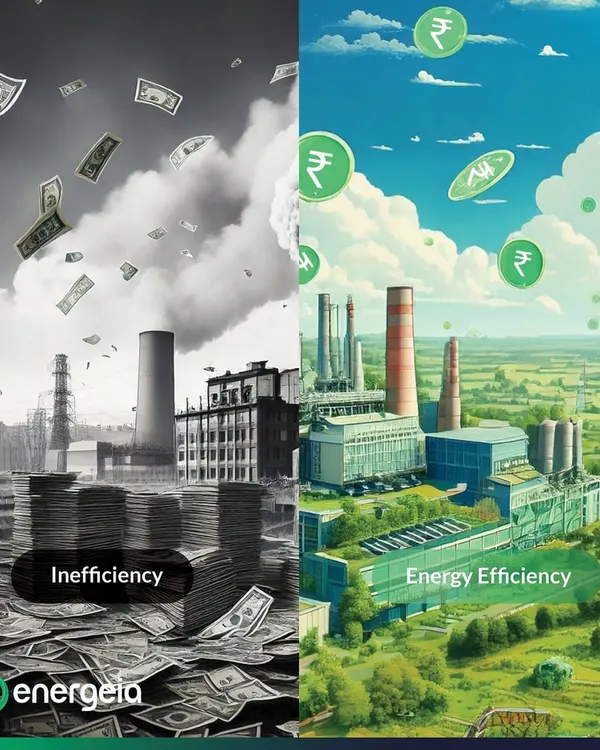 This visual represents our core philosophy. On the left, industrial inefficiency leads to wasted resources and financial loss. On the right, our energy efficiency solutions transform that same industrial landscape into a source of profitability and environmental health, turning wasted money into savings.