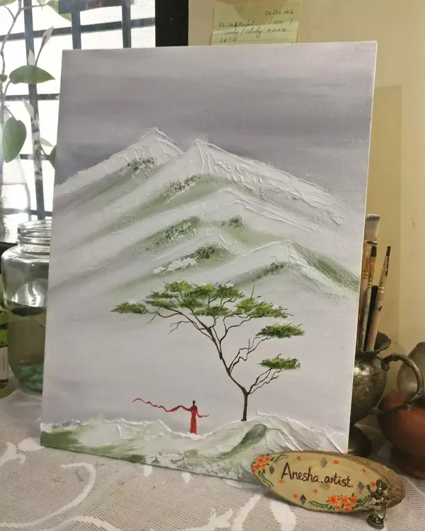 A serene texture painting of a lone figure in a misty mountain landscape. This piece evokes a sense of peace, solitude, and connection with nature.