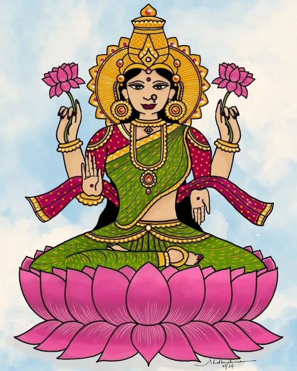 A digital illustration of Goddess Lakshmi that I created on Procreate. It was my attempt at drawing a divine figure, focusing on the traditional iconography with a clean, digital finish.