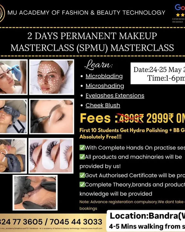Our 2-day Semi-Permanent Makeup (SPMU) Masterclass poster. Learn microblading, microshading, eyelash extensions, and cheek blush, with a free BB Glow tint for the first 10 students.