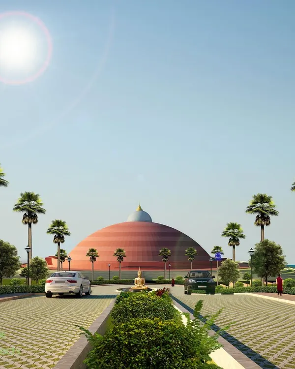 A render showing the main axis leading to the Dhamma Meditation Centre at the DDIBU campus in Tripura. The design uses landscaping and water bodies to create a serene path for students and visitors.