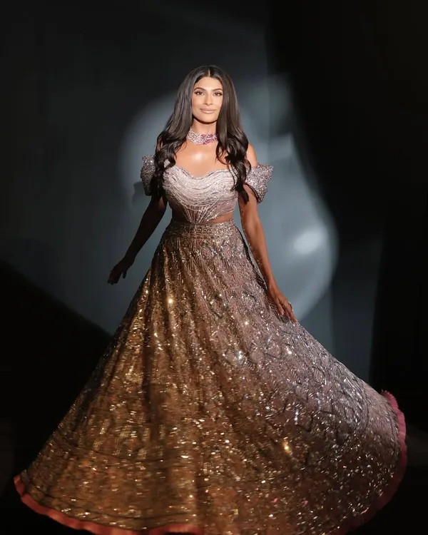 A full-length view of our work for Farhana Bodi. The glittering gown is perfectly complemented by our glamorous makeup and soft, flowing hair, creating an unforgettable, show-stopping presence.