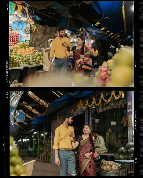A couple shares a candid moment in a bustling market, captured with a vintage film aesthetic for their pre-wedding shoot.