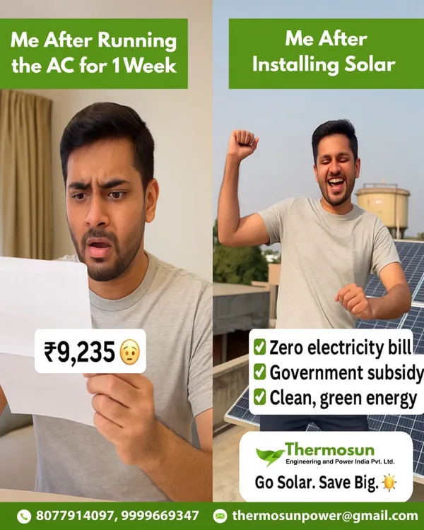This is the real story, boss. On the left is the tension of a ₹9,235 bill after running the AC for just a week. On the right is the freedom you get after I install your solar panels. Zero bill, zero tension, just clean, green energy.