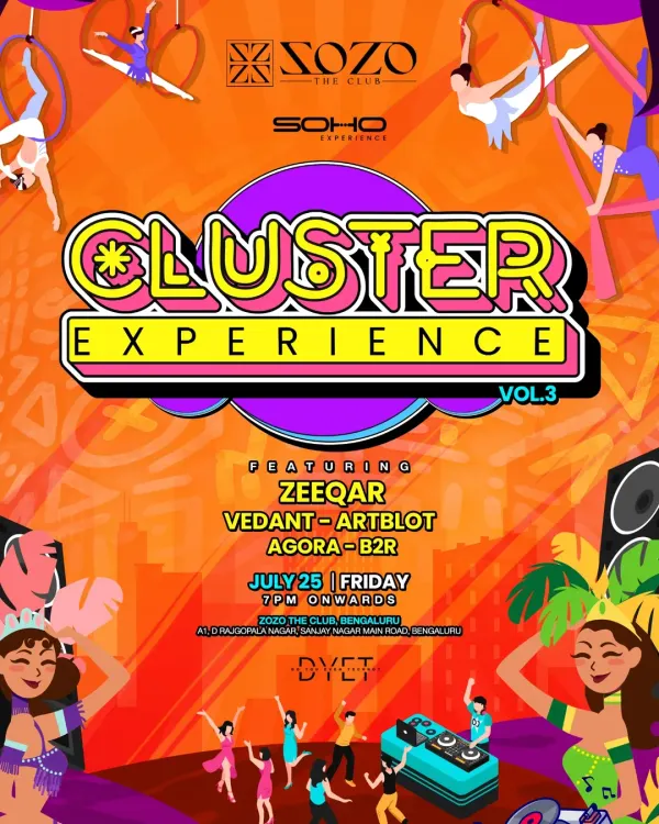 The flyer for Cluster Experience Vol. 3 at Zozo The Club. I played alongside Zeeqar and Vedant for a night of high-energy music and circus-themed visuals.