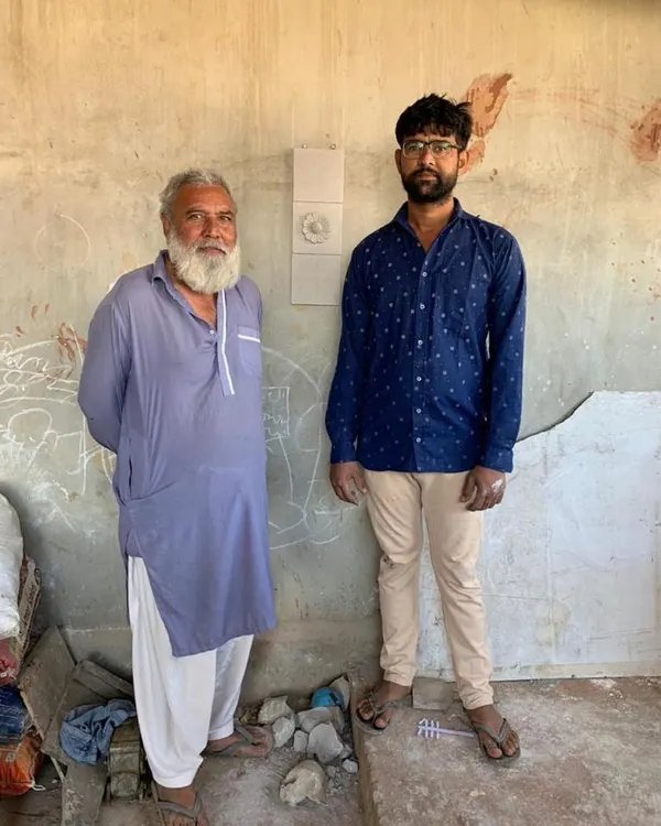 This is Ramzu Bhai and his son Ahmed, potters from the Kumbhar community in Kutch. I worked with them to create custom handmade terracotta tiles for a project, interpreting their generational craft for a contemporary architectural application.