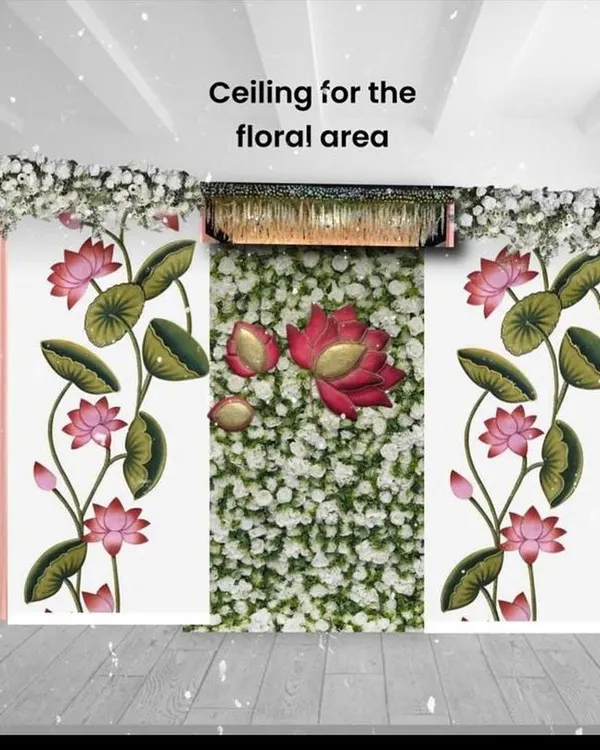 This image shows the digital mockup for a 'Lotus Love' naming ceremony ceiling and backdrop. It's the first step in bringing a creative vision to life.