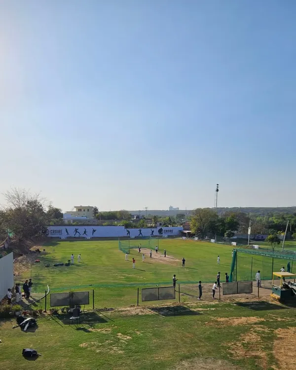 Welcome to Croire Cricket Club. This is our home ground in Gurgaon, a professional-grade facility with the Aravalli hills in the background. We have everything you need to play serious cricket.