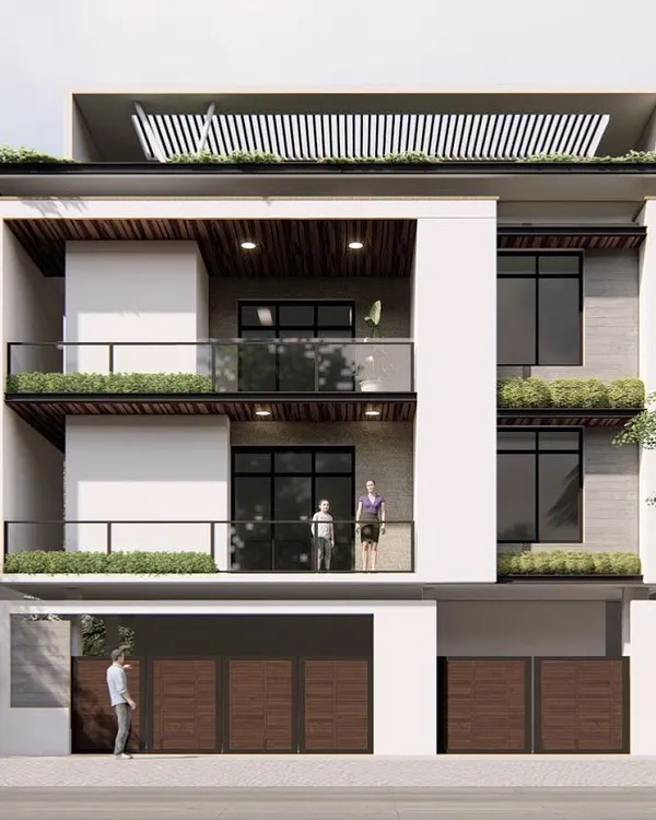 A modern duplex residence featuring deep, cantilevered balconies with integrated planters. The design creates a strong indoor-outdoor connection and uses a simple palette of white, grey, and wood for a clean, sophisticated look.