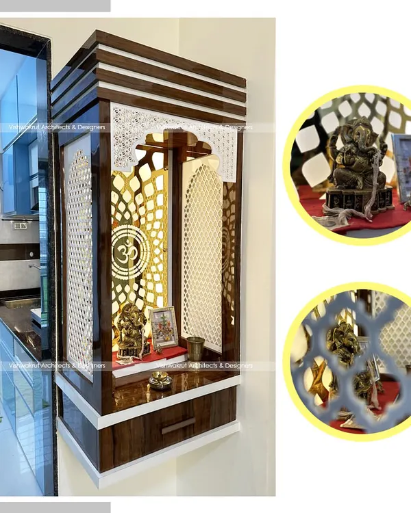 An elegant and compact pooja unit designed for a 1BHK apartment. This wall-mounted mandir features intricate CNC jali work in acrylic, backlighting, and a small drawer for storage, creating a beautiful sacred corner without taking up floor space.