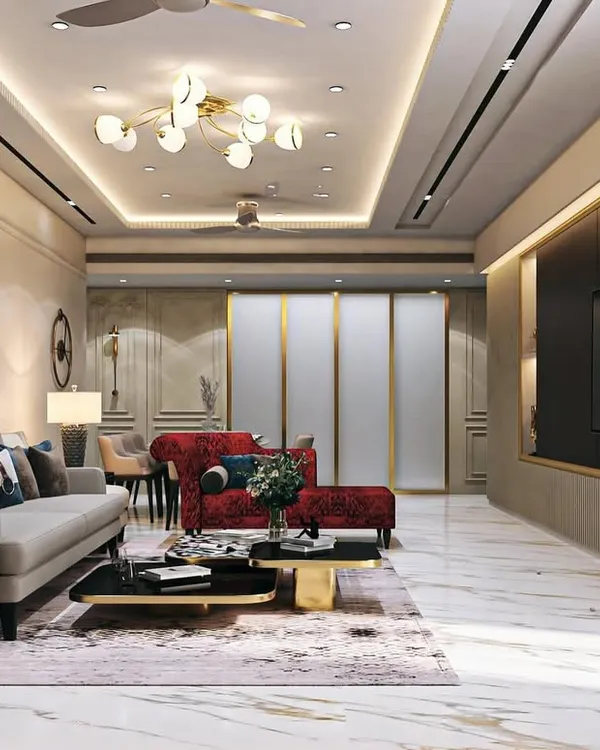 This is what I call creating a personal khazana. This luxurious living room in a Mumbai high-rise combines plush comfort with high-end style, featuring marble floors, statement lighting, and a curated color palette to create an inviting yet grand atmosphere.