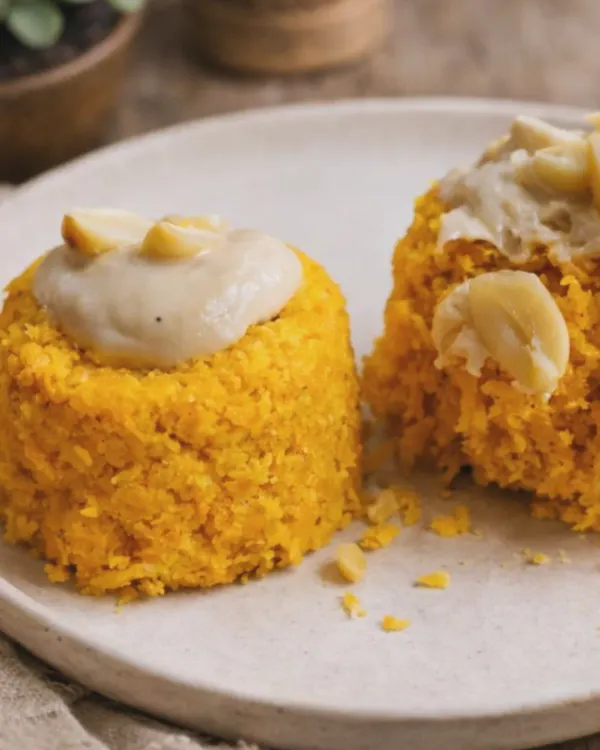 A healthy twist on a classic dessert. This is a raw-style gajar halwa, made with fresh ingredients to keep the natural crunch and sweetness of the carrots, topped with a creamy nut-based sauce.