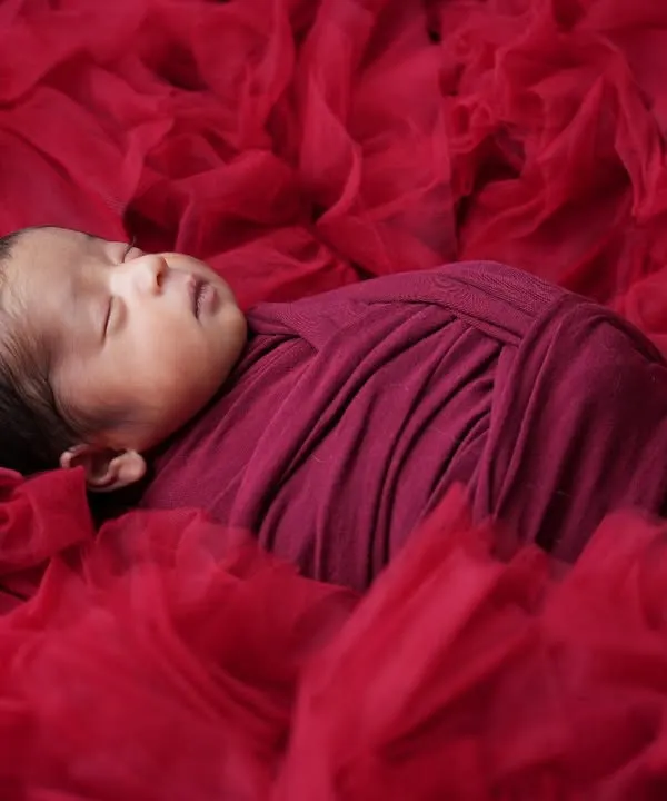A classic newborn portrait featuring a baby swaddled snugly in a deep red wrap, sleeping peacefully on a bed of matching red tulle. This simple and elegant setup focuses entirely on the baby's serene expression.