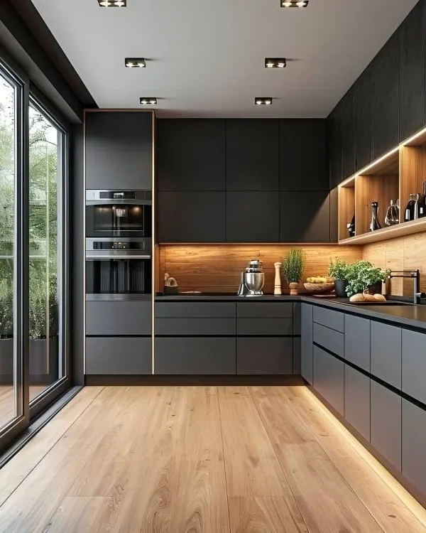 A sleek, modern kitchen with handleless matte black cabinetry and open wooden shelves with integrated lighting. The design connects seamlessly to an outdoor patio, creating a bright and airy cooking space.