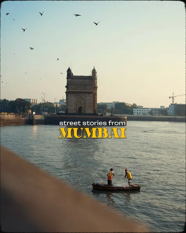 Titled "Street Stories from Mumbai," this image of two fishermen in a small boat in front of the Gateway of India serves as a perfect introduction. It encapsulates the blend of daily life and iconic backdrops that defines the city.