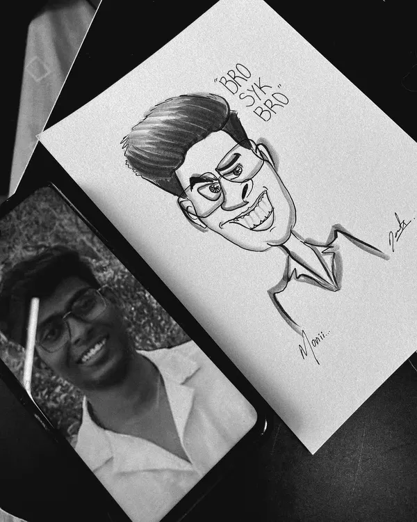 From photo to caricature. This side-by-side shows how I transform a real person's photo into a playful and exaggerated "Bro Syk Bro" artwork.