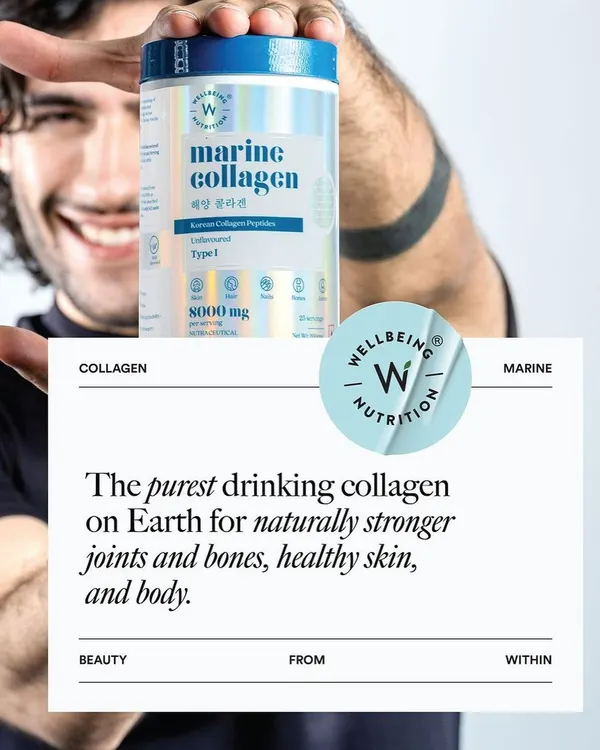 A shot from the Wellbeing Nutrition campaign for their marine collagen. The focus is on the product's benefits, presented clearly with a confident model, making it an effective visual for marketing materials and product pages.