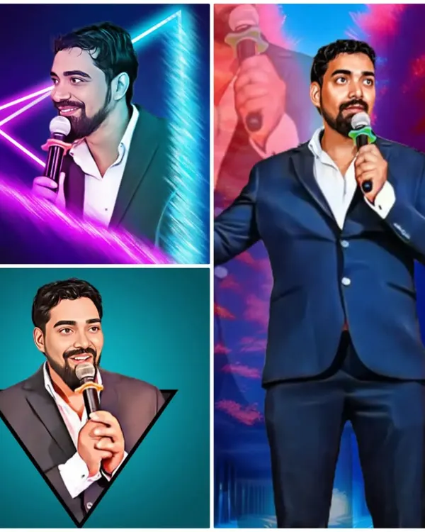 A collage showing my professional look for formal corporate events. Dressed in a sharp suit, I bring a polished and confident presence to the stage as your event emcee.