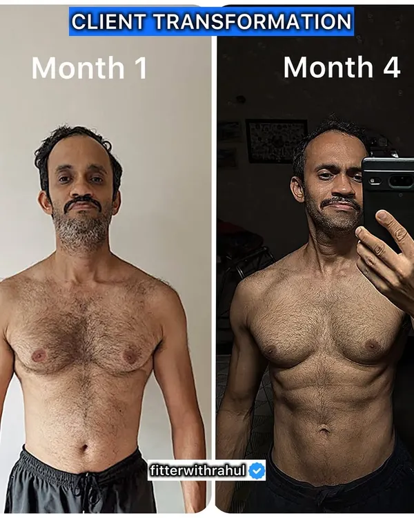 This is what real, sustainable progress looks like. My client Ananth achieved this incredible body recomposition in just four months, proving that with the right guidance and commitment, you can get in the best shape of your life, even in your 40s.