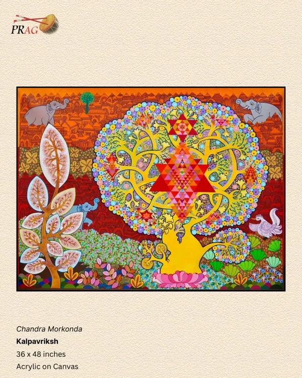 This vibrant 'Kalpavriksha' or wish-fulfilling tree by Chandra Morkonda is a masterpiece of spiritual symbolism and intricate detail. Rendered in acrylic on canvas, its radiant colors and geometric patterns represent the cosmic energy from which all life flows, making it a powerful and soulful centerpiece for any collection.