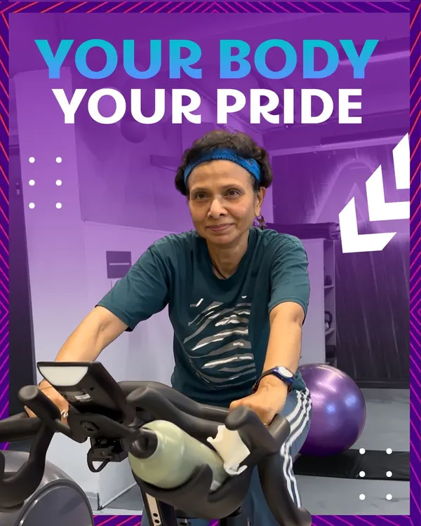 Your Body, Your Pride. A powerful reminder featuring one of our dedicated members on a spin bike.
