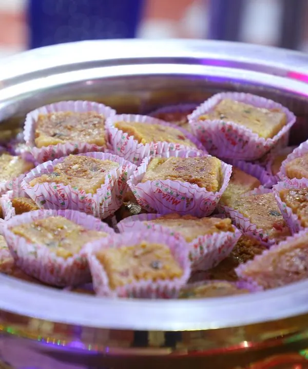 A close-up of our delicious Bread Halwa, a sweet and rich dessert that is a perfect end to a grand meal.