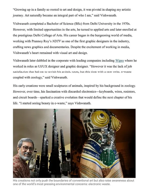 An article from the Indian Express "Unsung Heroes" series, detailing how I turn e-waste into vibrant murals and sculptures.