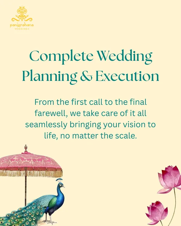This is our core promise: complete wedding planning and execution. We take care of it all seamlessly, from the initial mood board to the on-ground execution, bringing your vision to life no matter the scale.