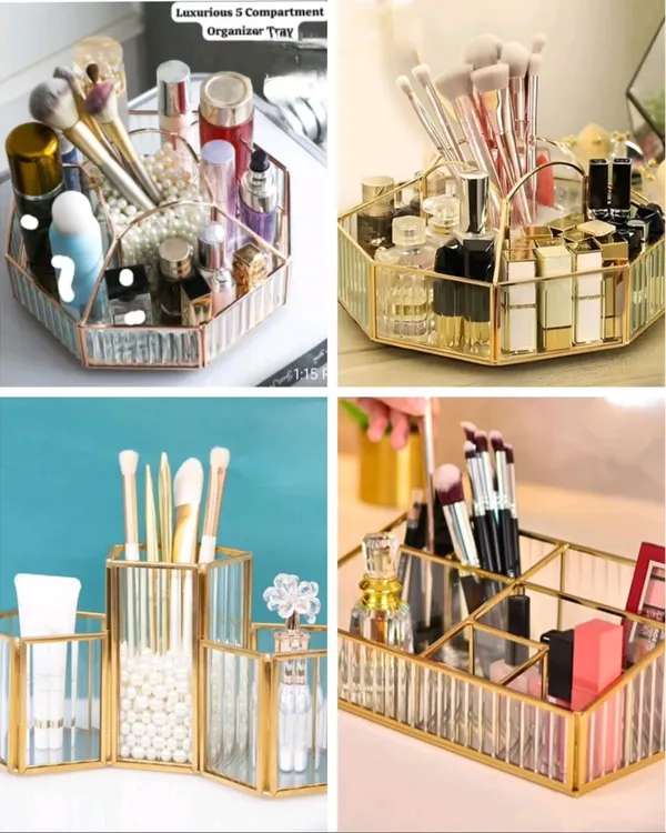 This collage shows the variety of my luxurious glass and metal makeup organizers. These are perfect for displaying your favorite perfumes and skincare on your dresser, with different compartments for brushes and lipsticks.