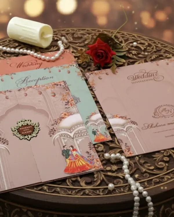 This invitation combines soft romance with a playful touch. The design features a pastel pink gatefold card with floral accents and a charming 3D illustration of the couple, creating a delightful and personal keepsake for guests.