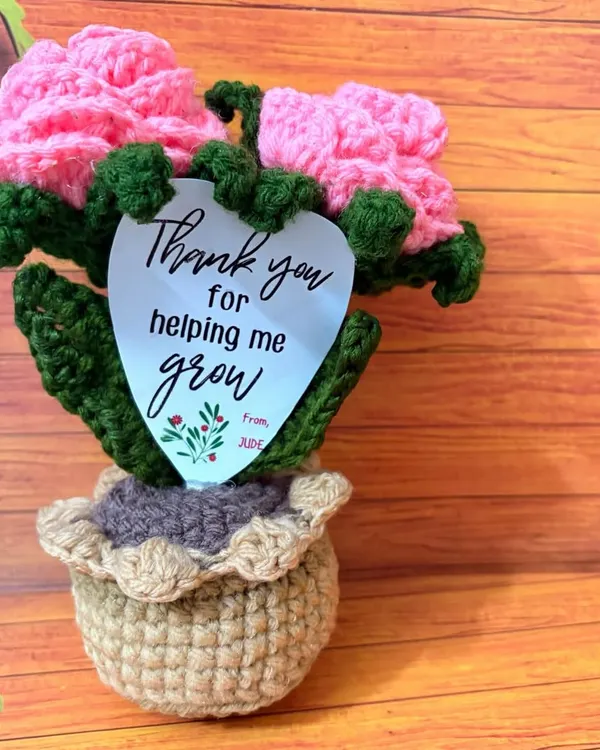 This sweet little flower pot features two pink crochet roses and a personalized heart-shaped card that says, "Thank you for helping me grow." It’s a heartfelt gift for teachers, mentors, or parents.
