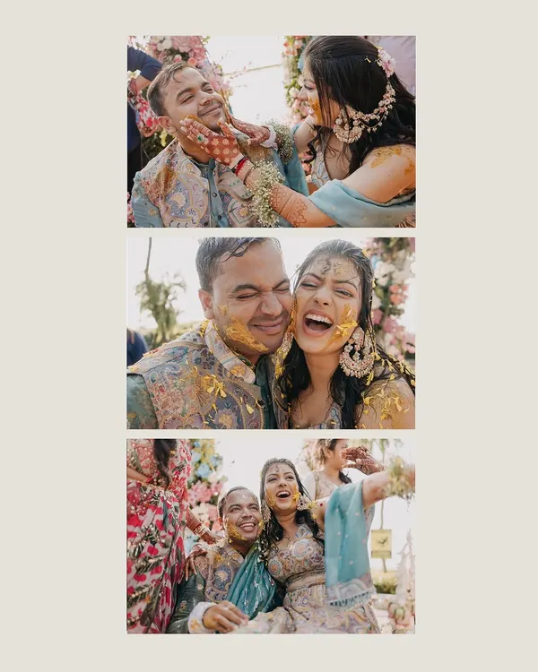 The pure, unadulterated fun of a Haldi ceremony. This collage captures Aabhaas and Radhika being playfully covered in turmeric by their loved ones, showcasing the laughter and joy that defines this ritual.