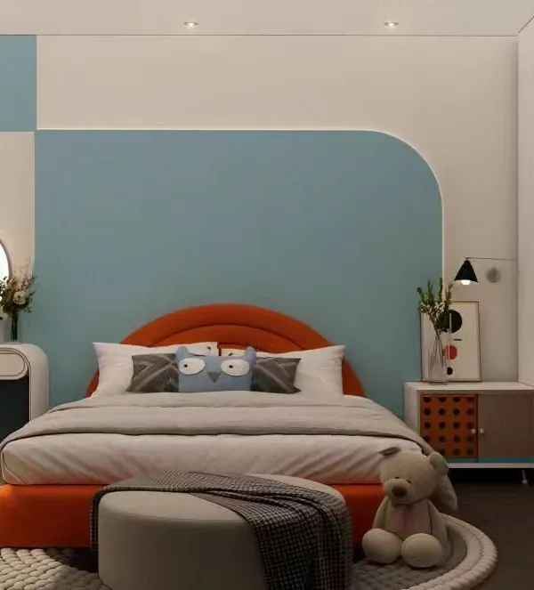 This room uses bold color blocking and curved lines to create a playful yet modern aesthetic. The combination of orange, blue, and white, along with a circular vanity mirror, gives the space a fresh and contemporary feel.