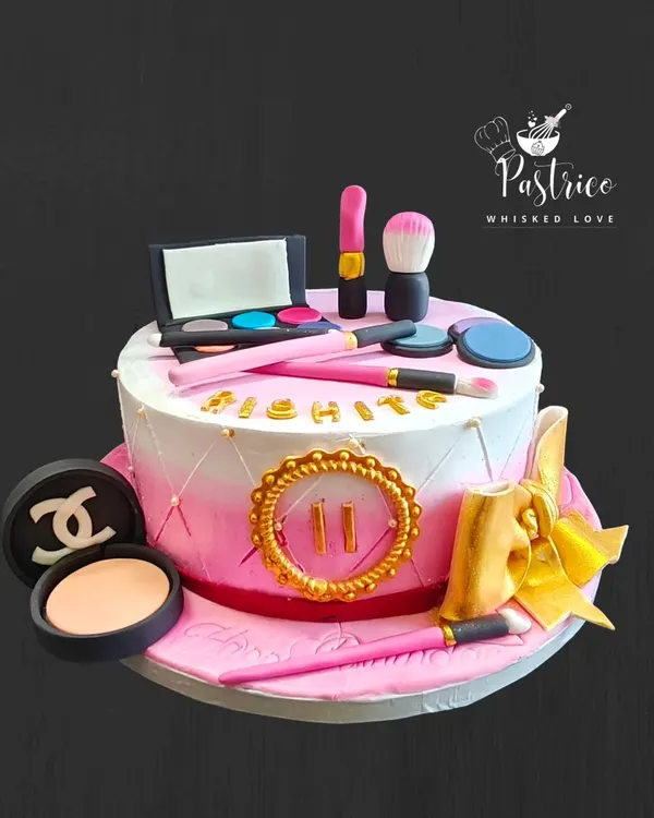 A fun makeup-themed cake for an 11th birthday, complete with edible lipstick, brushes, and eyeshadow palettes.