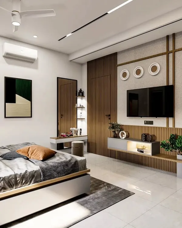 A look at a complete bedroom design I conceptualized, featuring a modern aesthetic that balances style and function. This 3D render shows how I integrate a fluted wood panel TV unit, a sleek bed, and a compact dressing table into a cohesive and spacious layout, all tied together with clean lines and warm, ambient lighting.