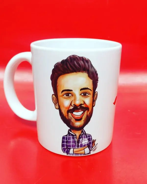 This is my most popular item, a custom caricature mug. I take a photo you provide and draw a detailed, full-color caricature that captures the person's likeness in a fun way. The artwork is printed on a classic white ceramic mug, making it a perfect gift for birthdays or any special occasion.