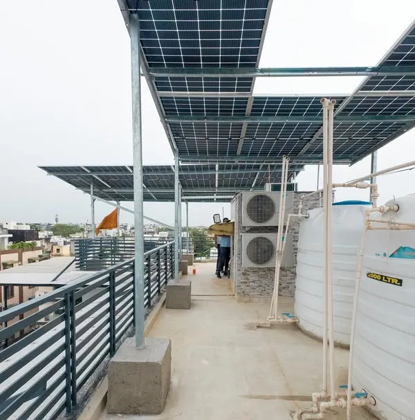 A completed 9 kW rooftop solar project in Rohini, Delhi. The elevated design ensures the panels get maximum sunlight throughout the day without obstructing the rooftop area, which remains available for the family to use.