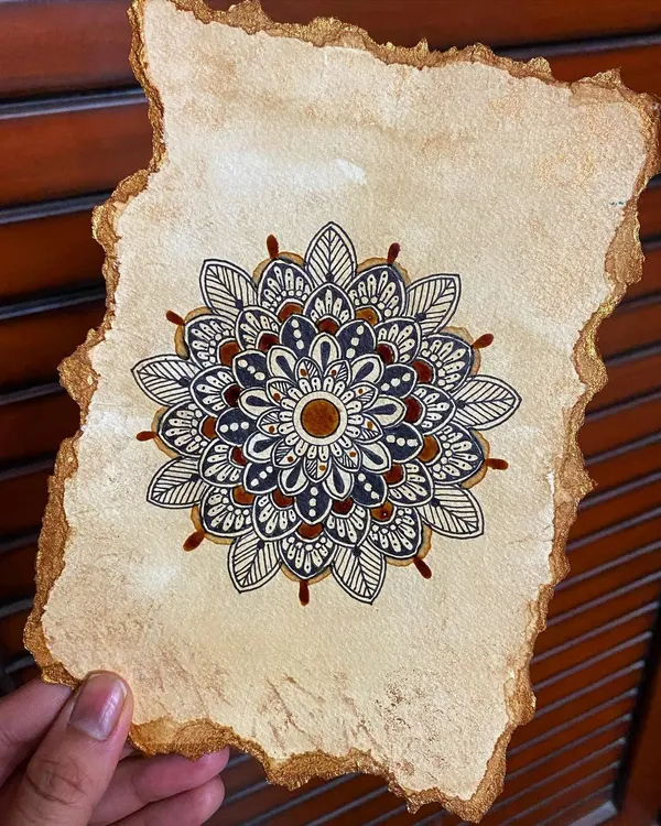 Here is the finished mandala created entirely with coffee on textured watercolor paper. This unique technique gives the artwork a warm, antique feel that I absolutely love.