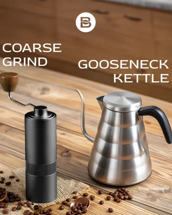 The essential tools for the 4:6 manual brewing method: a good grinder for a coarse grind and a gooseneck kettle for a controlled pour. Having the right gear makes a big difference.