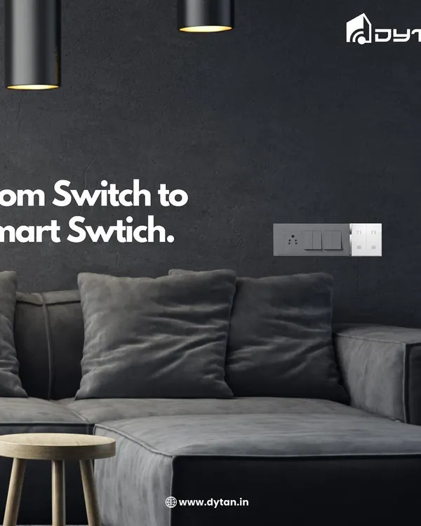 This image shows the transformation from a standard switch to a sleek, modern smart switch in a contemporary living room. It's a small change that brings your home into the future of smart living.