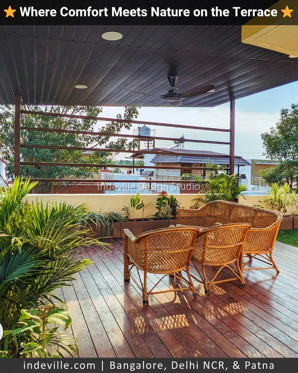 This is a perfect example of a residential terrace transformation. I installed a durable deck, a ceiling for shade, and furnished the space with my own handcrafted bamboo seating, creating a functional and beautiful outdoor living room.