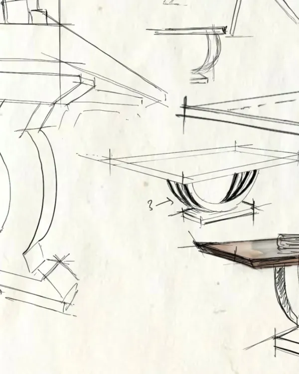 Every piece of furniture begins as a sketch. These early drawings for the bespoke dining table at Casa K show the process of refining an idea, focusing on form, proportion, and the details that will bring it to life.
