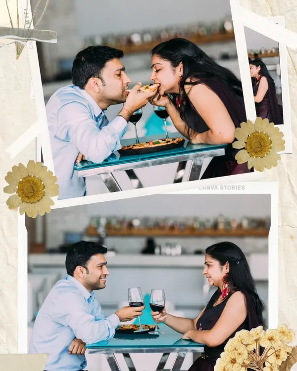 A fun and unique pre-wedding shoot concept where the couple shares a slice of pizza and a glass of wine, showcasing their playful side.