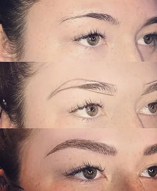 This three-step image shows the complete eyebrow microblading transformation. You'll learn to map the perfect shape, create the initial outline, and fill it in for a flawless, natural-looking brow.
